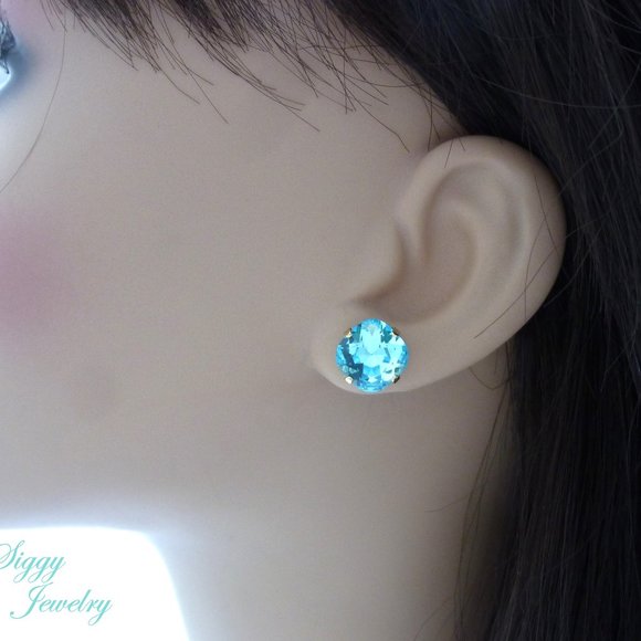Aqua Bohemica Crystal Cushion Cut Stud Earrings - Picture 6 of 7